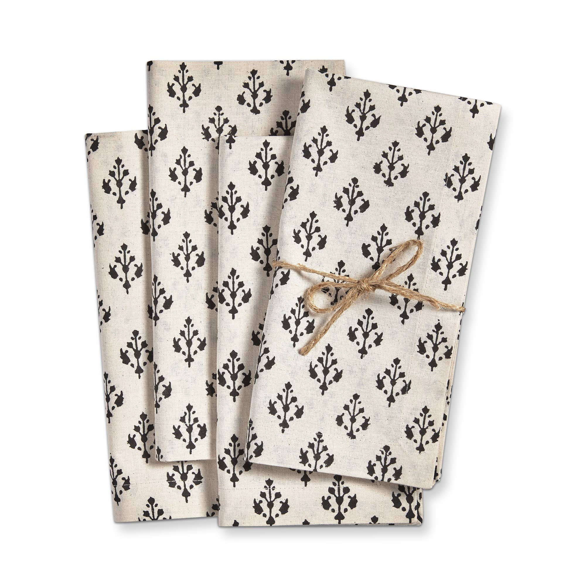 Black and cream cotton napkin with hand block printed design, 20-inch square