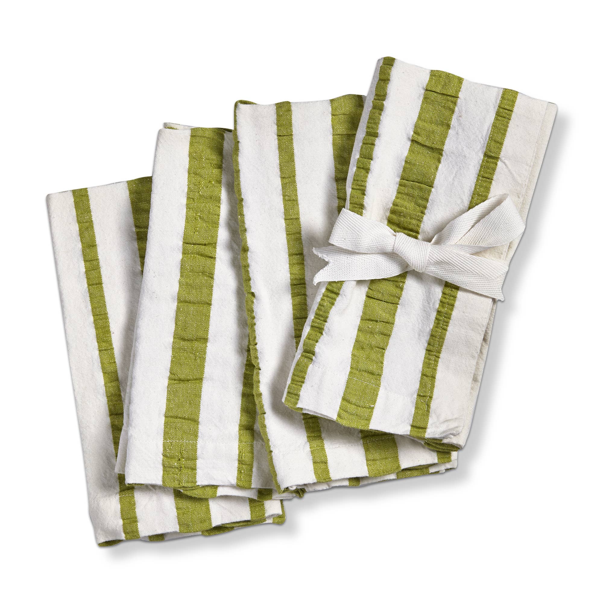 Chartreuse green and white striped cotton napkin with seersucker texture, 20-inch square