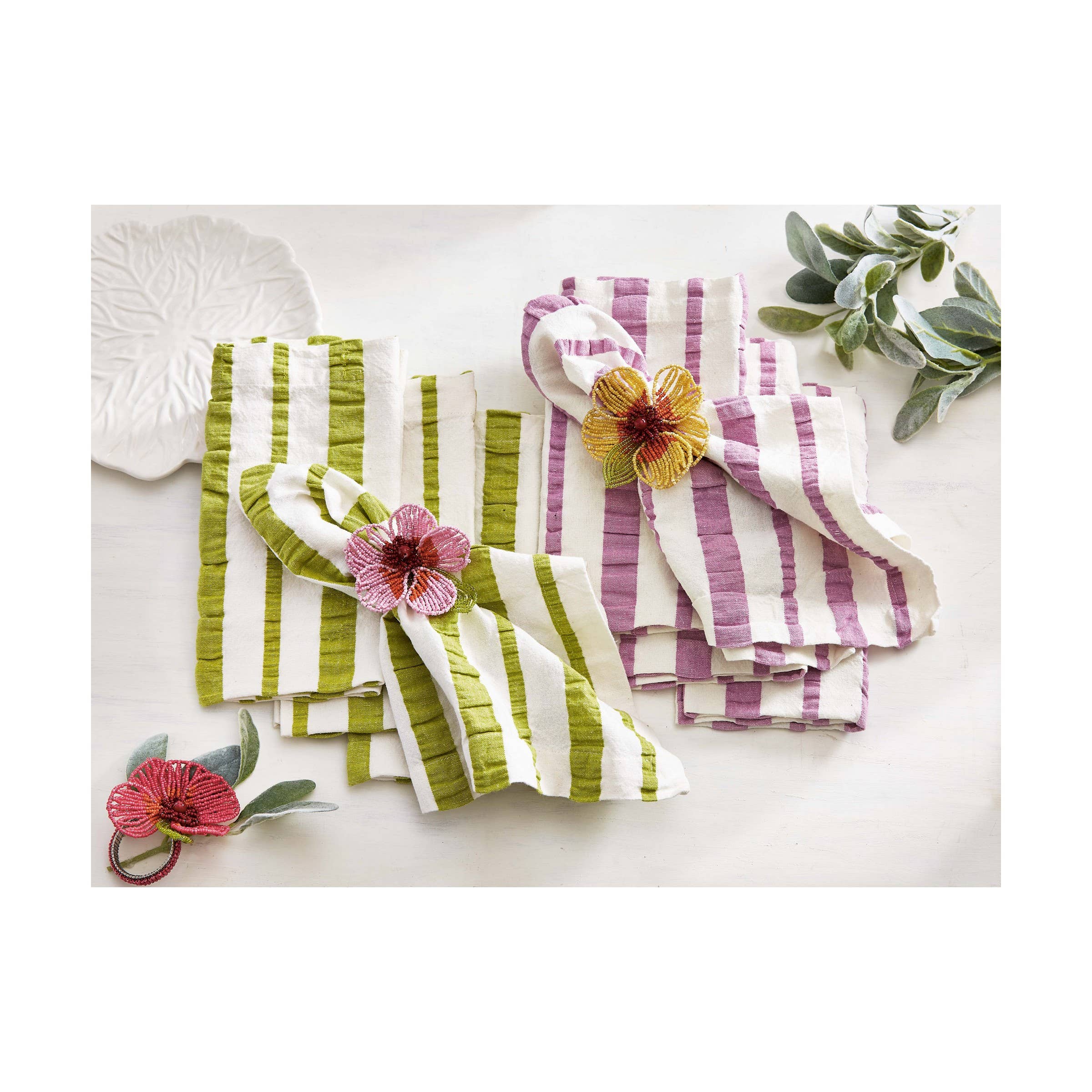 Chartreuse green and white striped cotton napkin with seersucker texture, 20-inch square