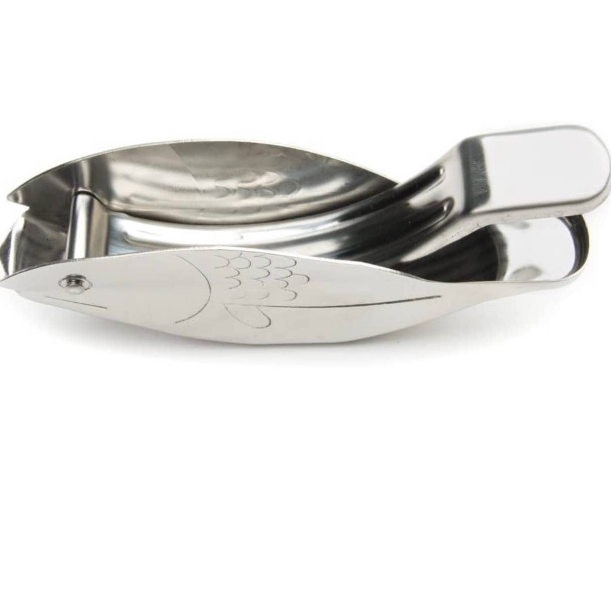 Stainless steel lemon squeezer in the shape of a fish with etched scale details