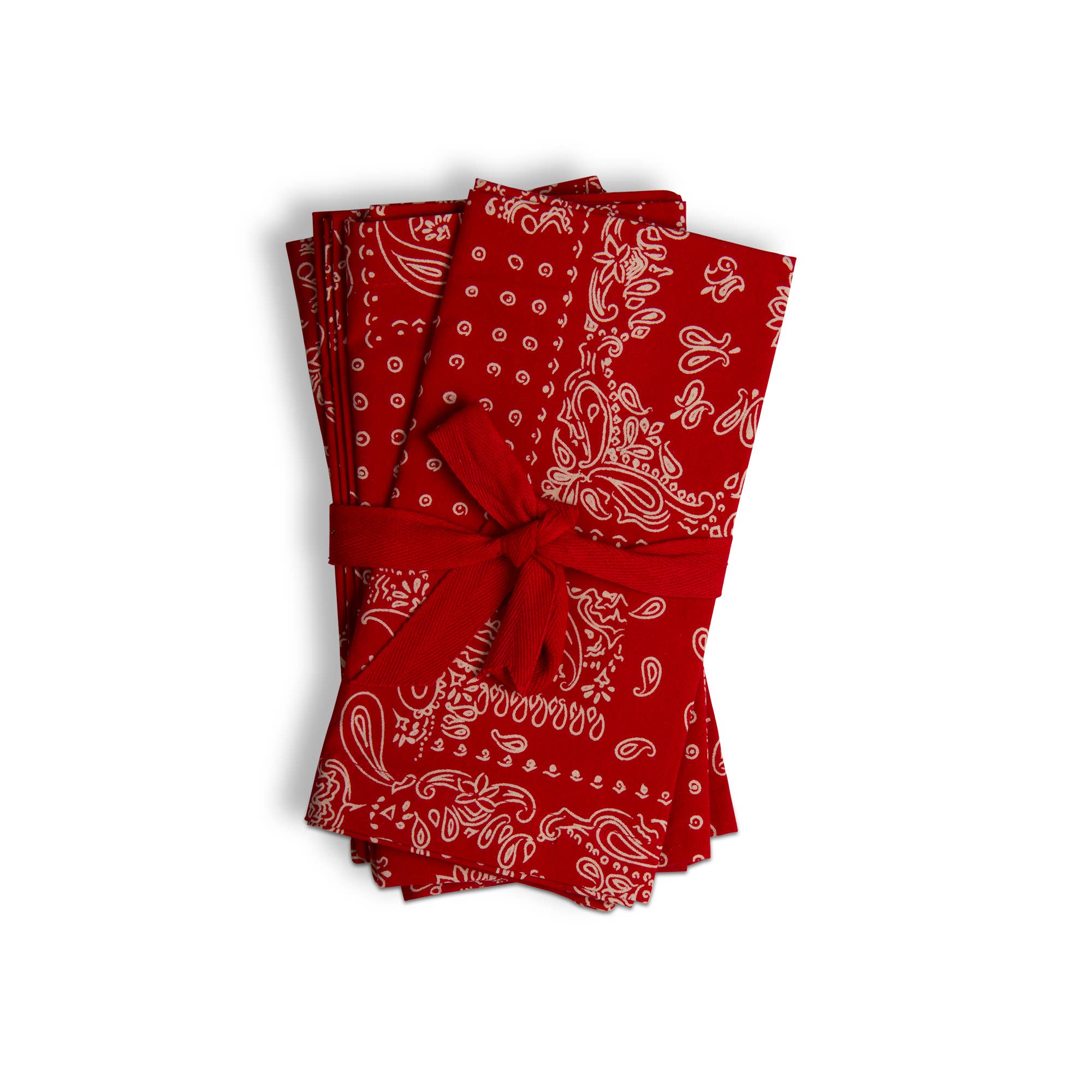 Set of four red cotton napkins with classic white bandana print, tied with matching ribbon
