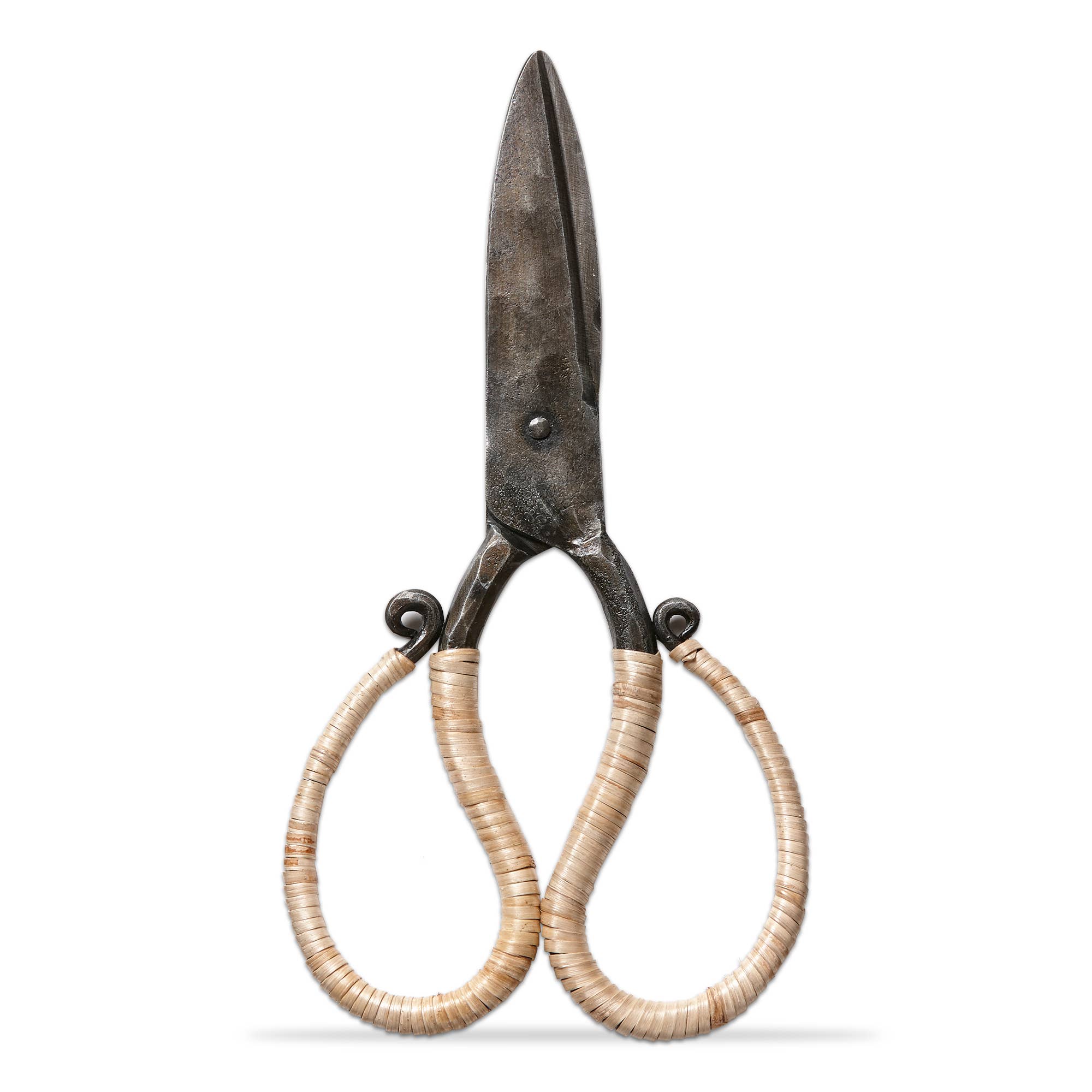 Iron garden shears with tan woven cane-wrapped handles, 38 inches tall