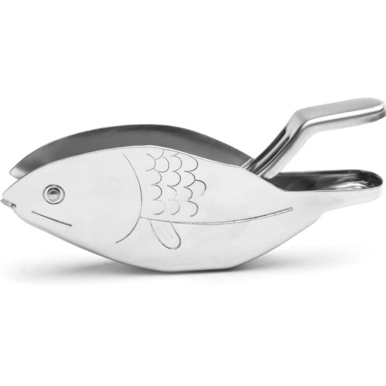 Stainless steel lemon squeezer in the shape of a fish with etched scale details