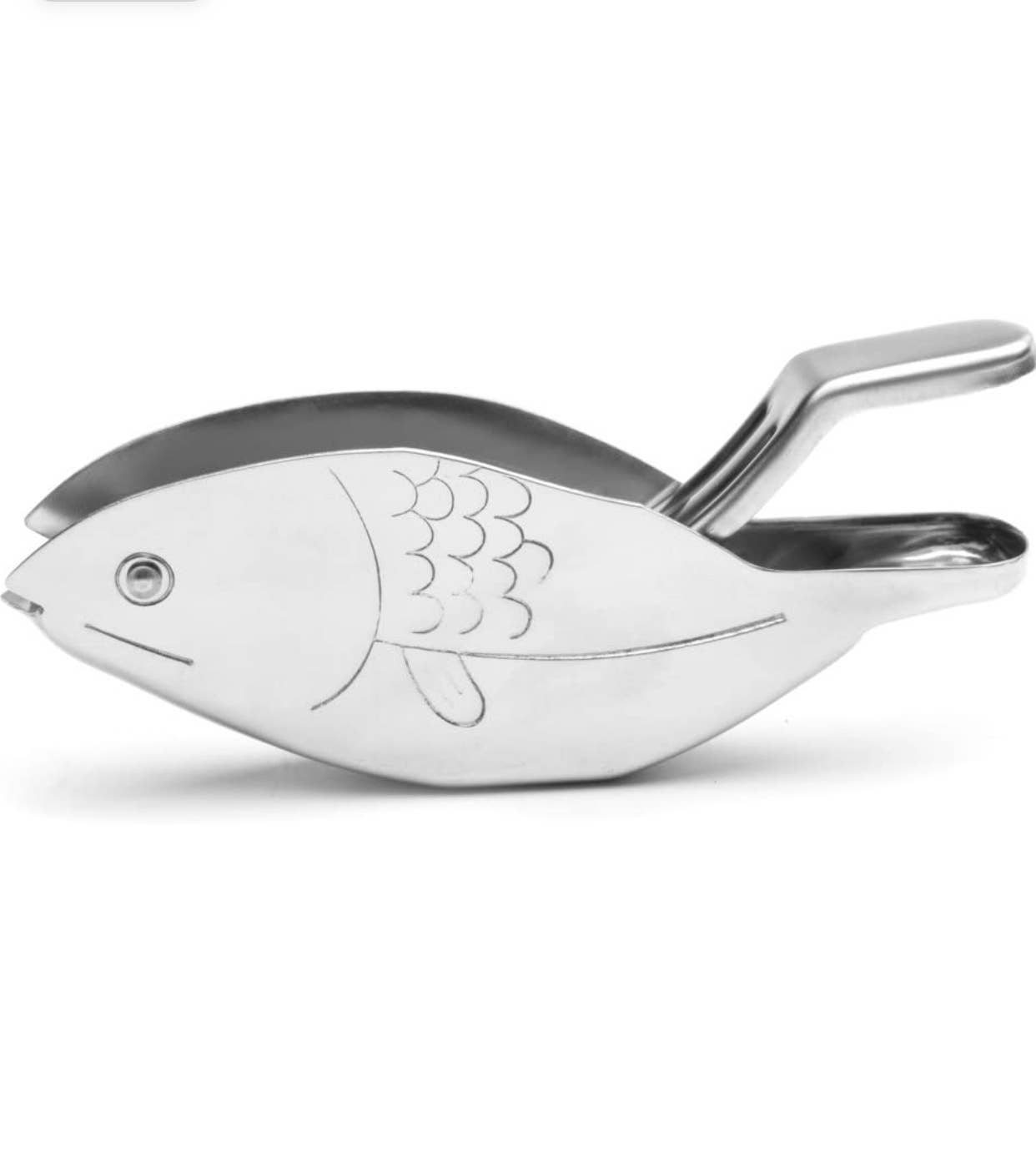 Stainless steel lemon squeezer in the shape of a fish with etched scale details