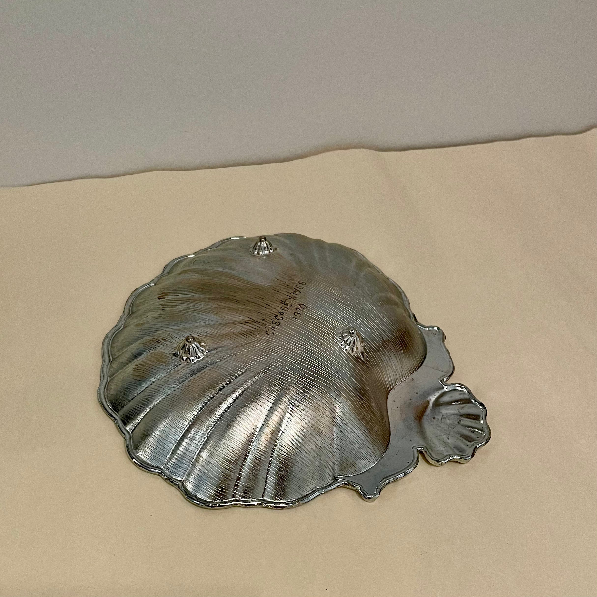 Vintage silver shell tray with starburst design Cascade Wives 1970 decorative catchall dish minor age-related wear 6 inch height 5.5 inch length 1 inch width