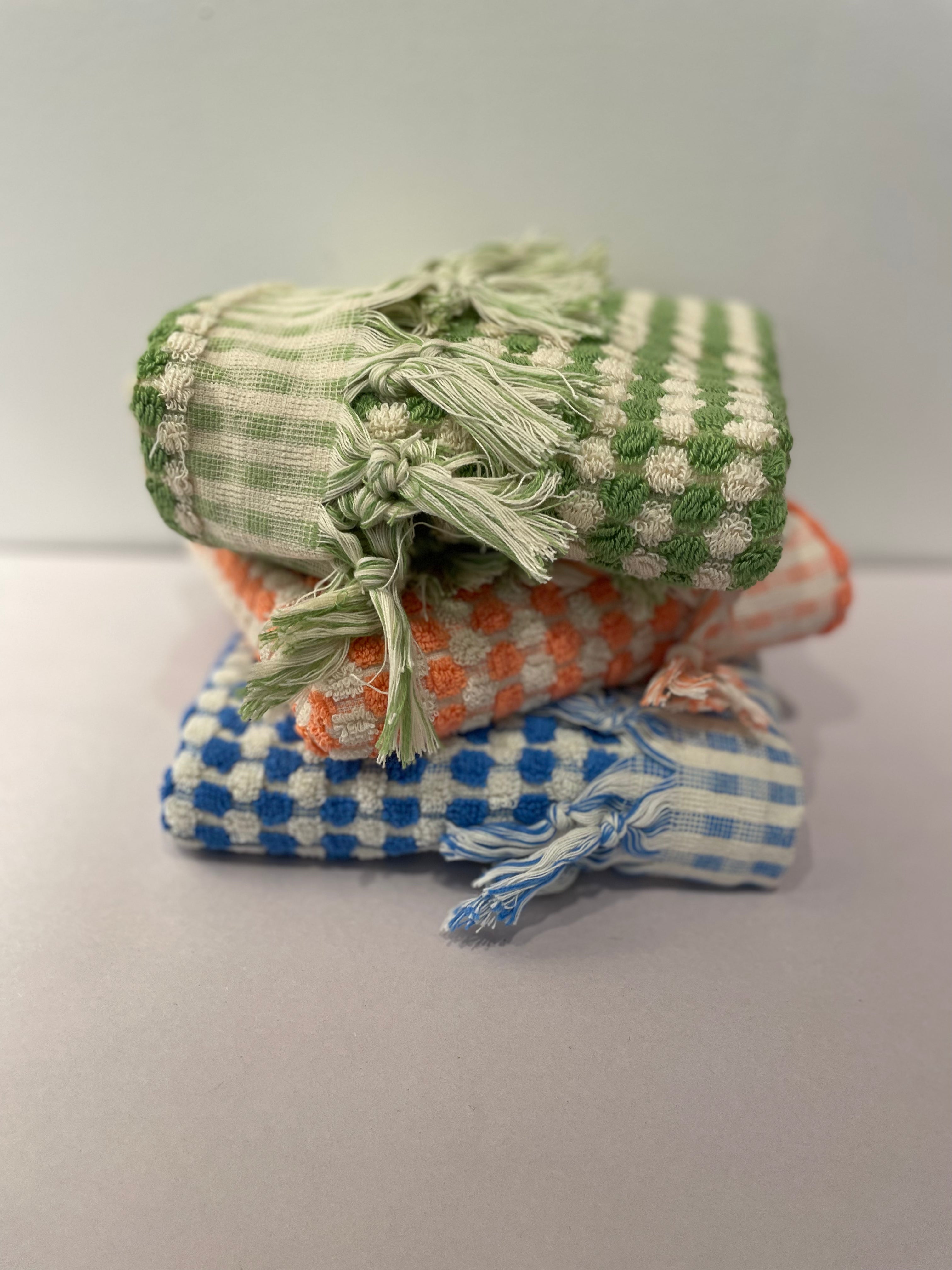 towel checkered with tied fringe blue green and orange with cream