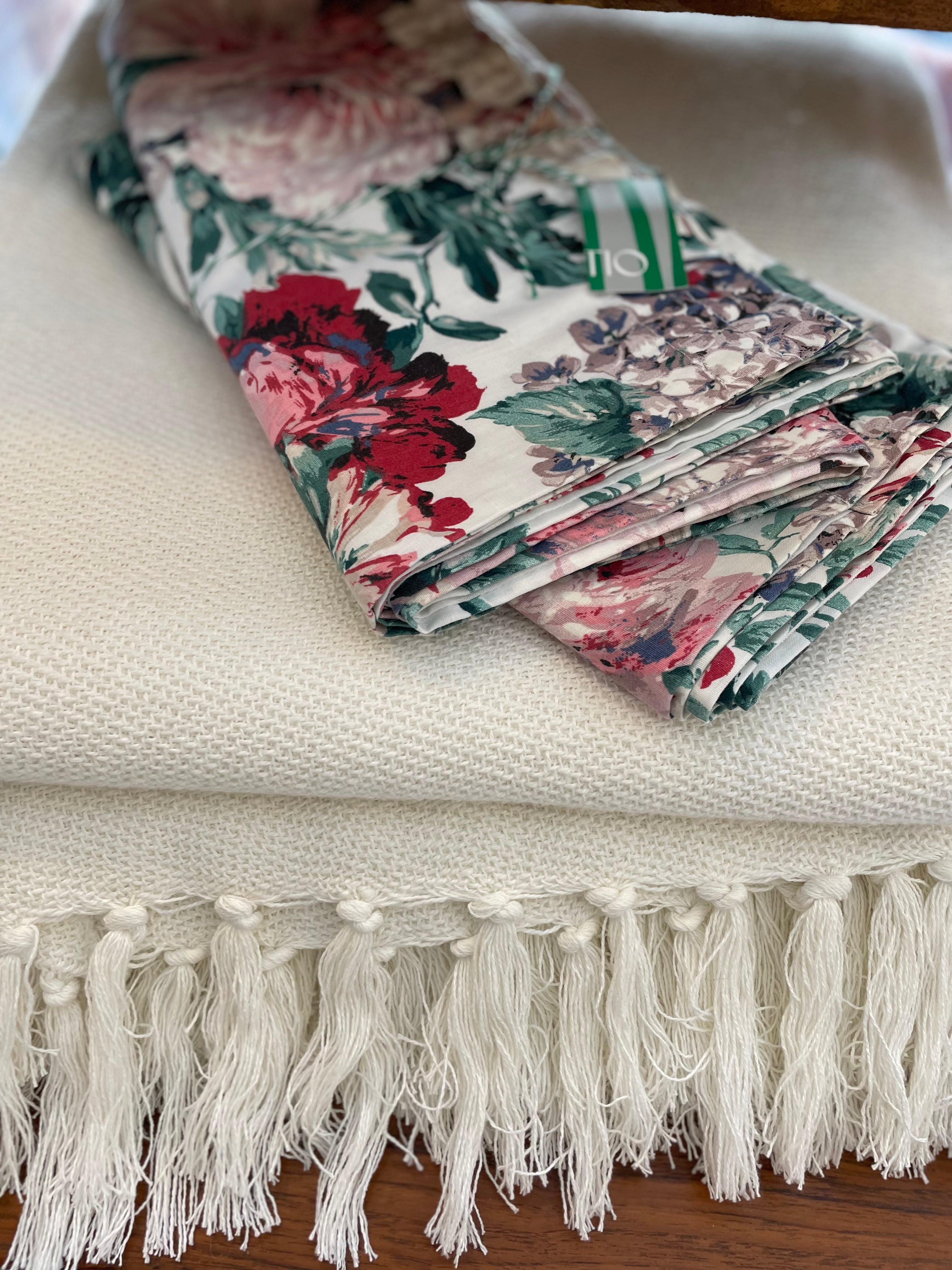 pine cone hill dove white twin blanket made of 100 percent cotton cream color with visible weave texture and fringe edge 50 by 70 inches from annie selke