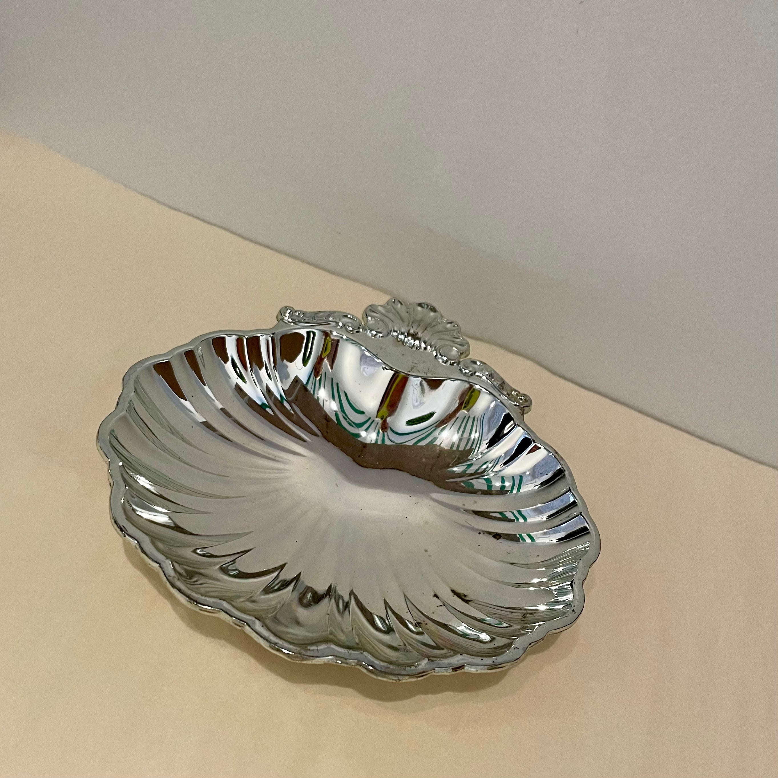 Vintage silver shell tray with starburst design Cascade Wives 1970 decorative catchall dish minor age-related wear 6 inch height 5.5 inch length 1 inch width