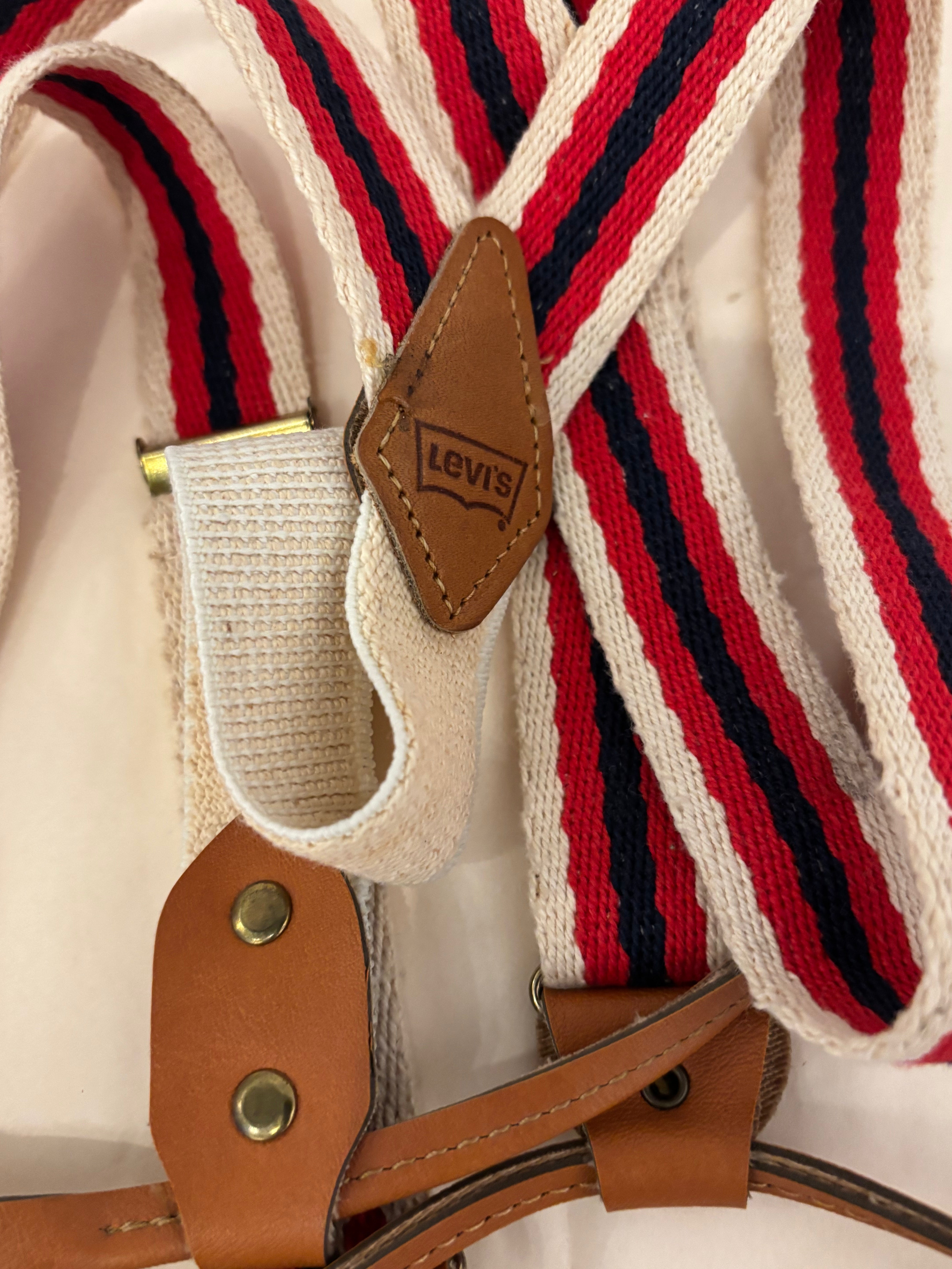 Close-up of suspenders with a Levi's logo on a white background